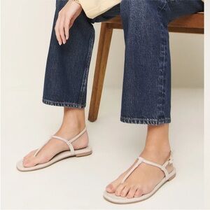 Reformation Cream Linen T-Strap Sandals